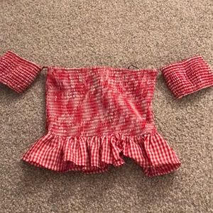 off the shoulder red and white crop top